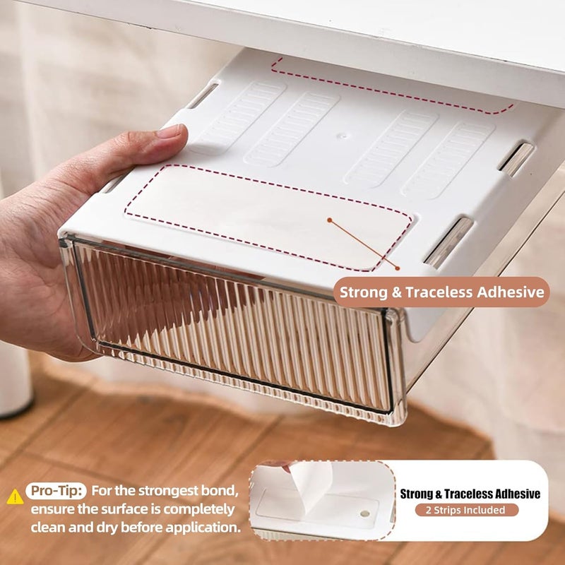 TooCust 2Pcs Under Desk Storage Drawers Slide Out,Large&Medium,Stick On Drawers,Under Desk Organizer Hidden Under Table Drawer for Home Office School Organization and Storage-Clear White - Image 3